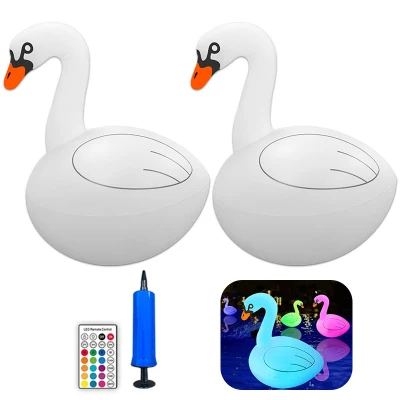 2 pçs lâmpada inflável flutuante de PVC em forma de cisne com controle remoto luz LED RGB para decoração de paisagem para piscina